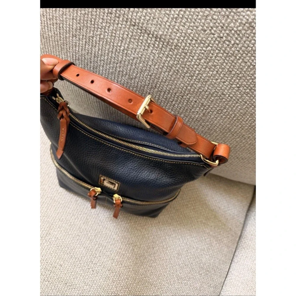 Dooney & Bourke Navy Pebbled Leather Hobo Shoulder Bag with Tan Trim